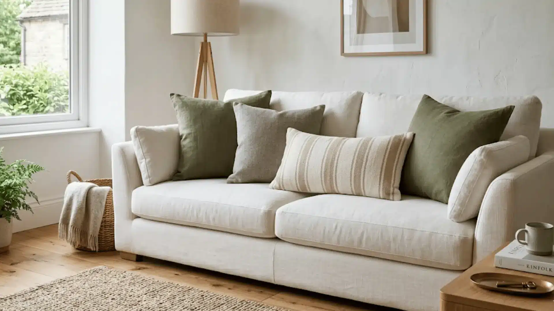 white sofa styled with olive and grey square pillows paired with a woven stripe lumbar in front