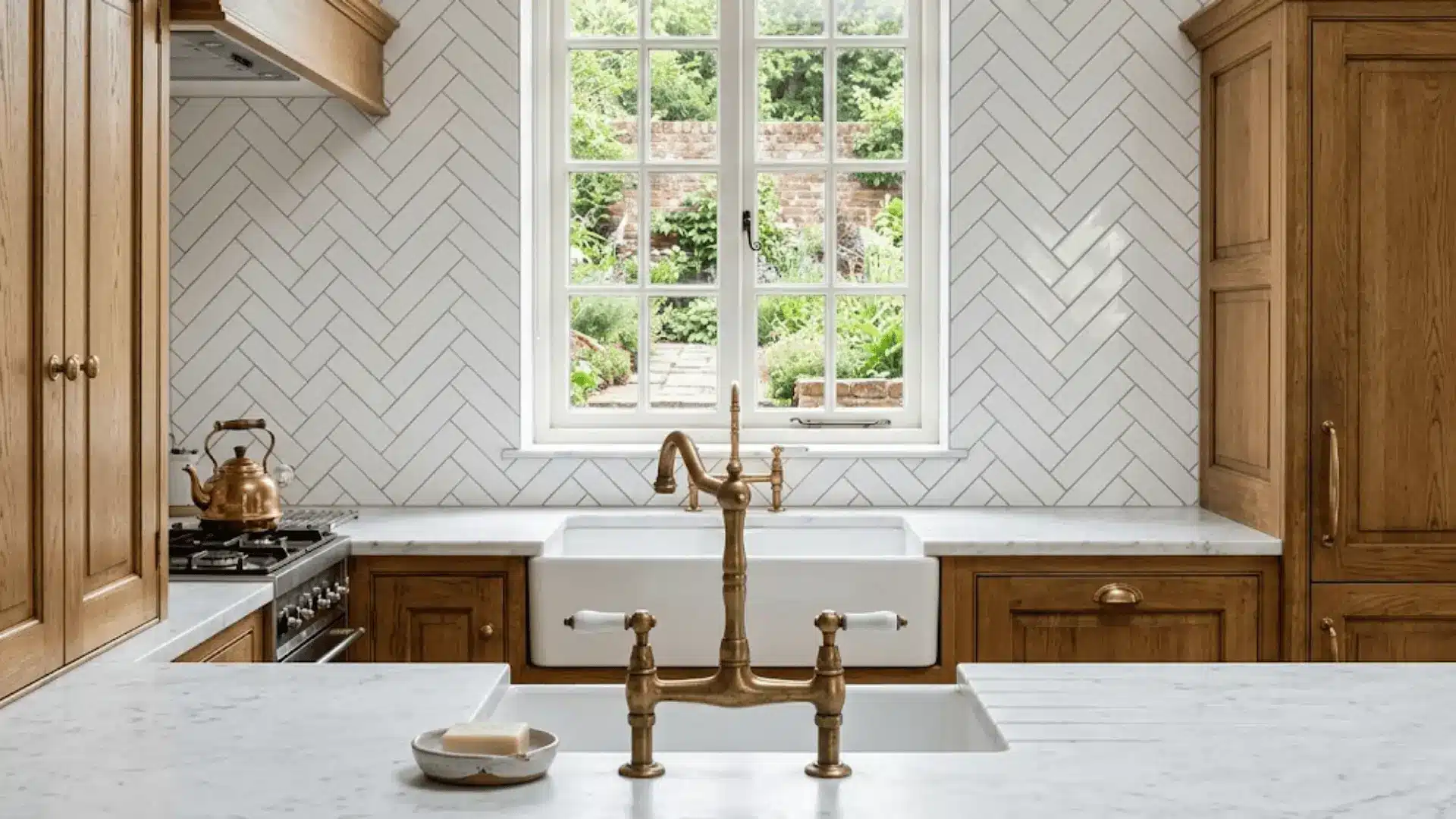 white subway tile backsplash in herringbone pattern with brass faucet in a classic kitchen