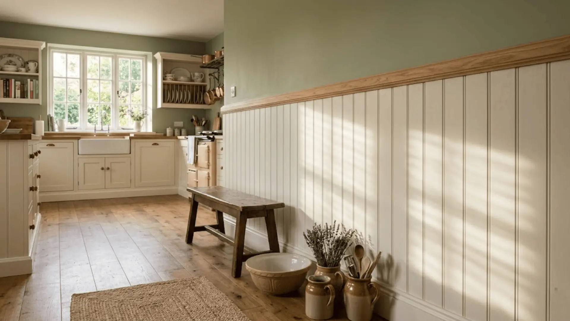 white wainscoting panels on lower kitchen walls with natural morning light and hardwood floors