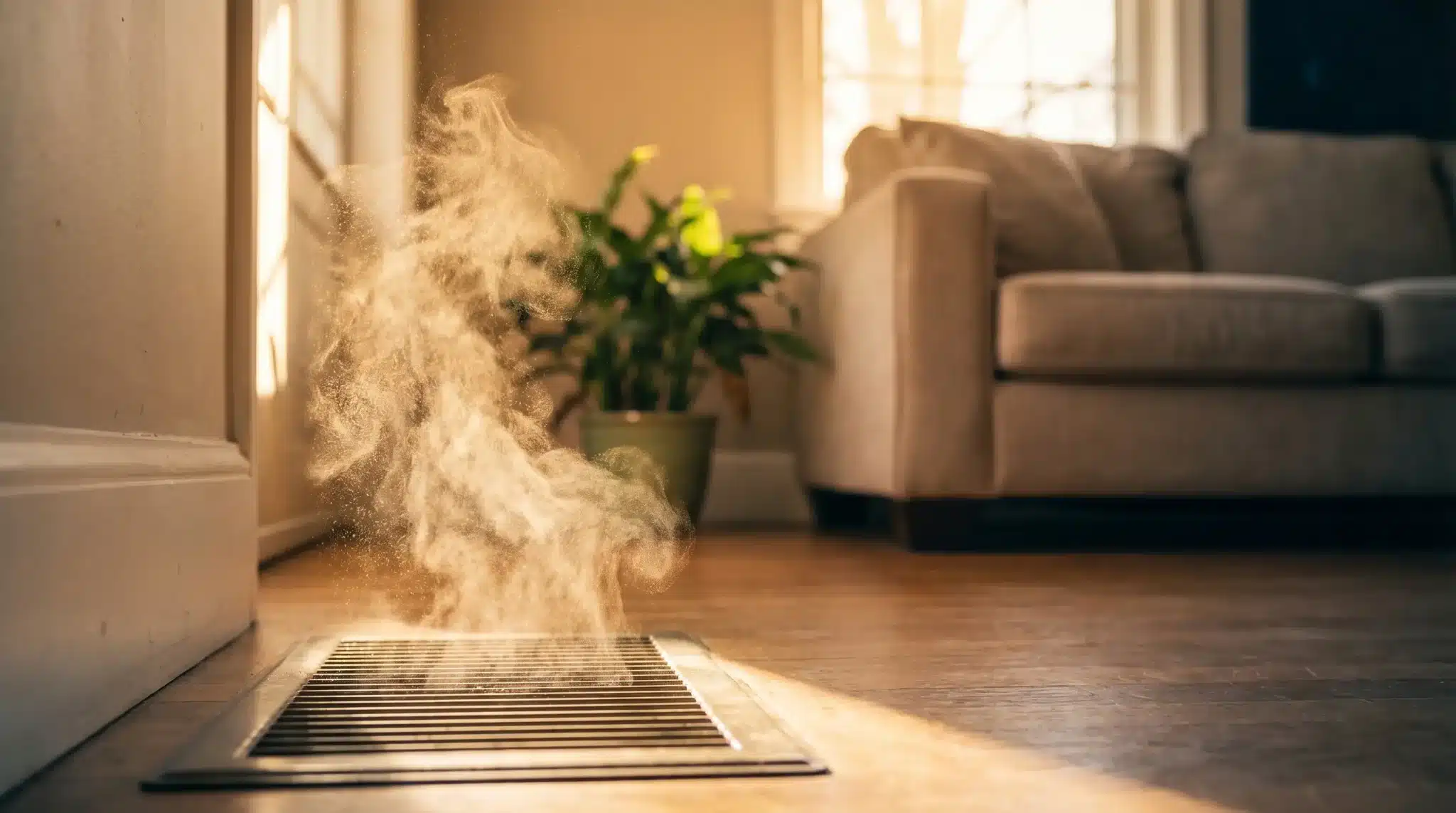 Dust particles rising from floor vent in sunlit living room with beige sofa and green plant