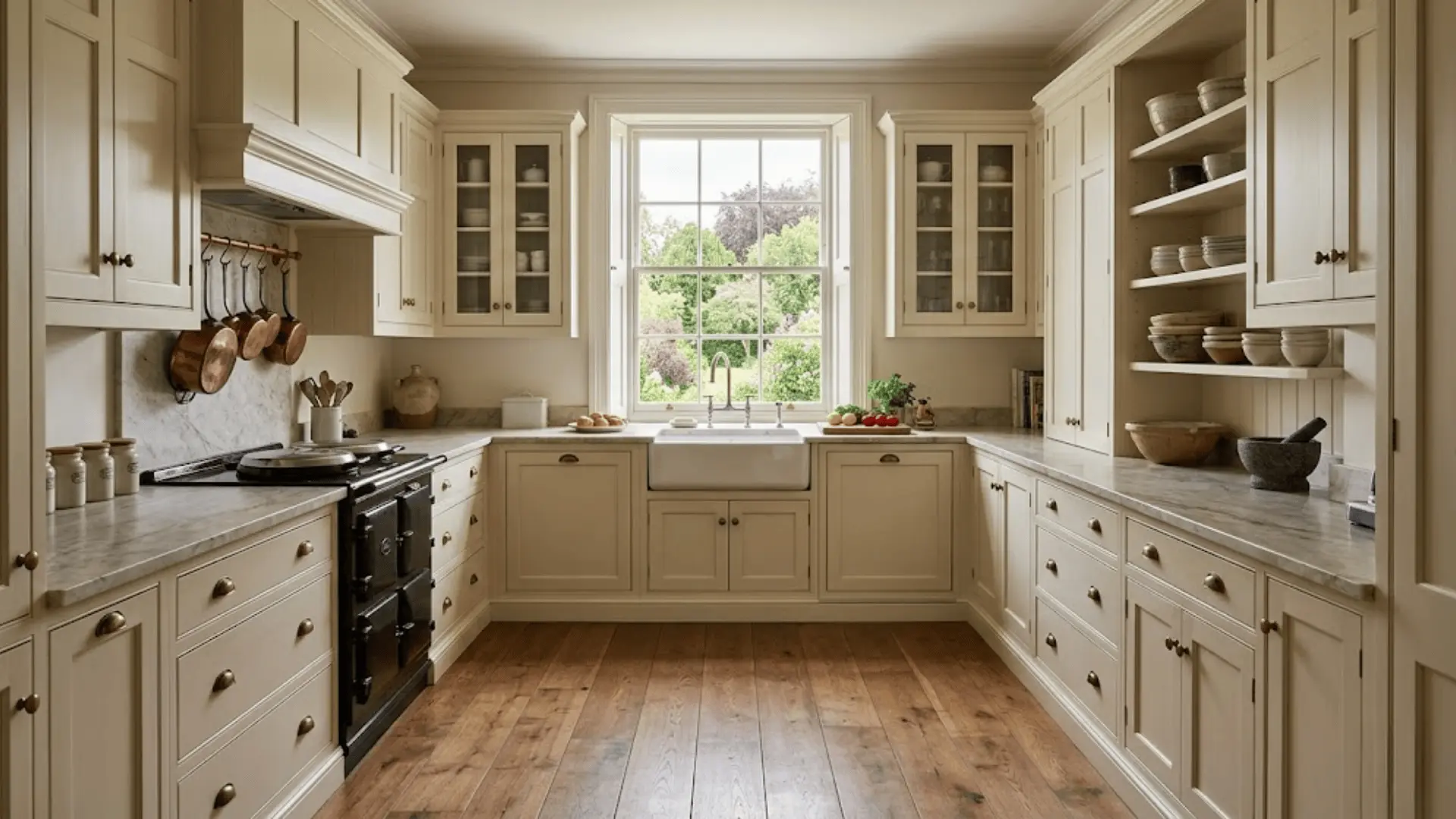 wide angle view of a u-shaped traditional kitchen with cream cabinetry and stone countertops