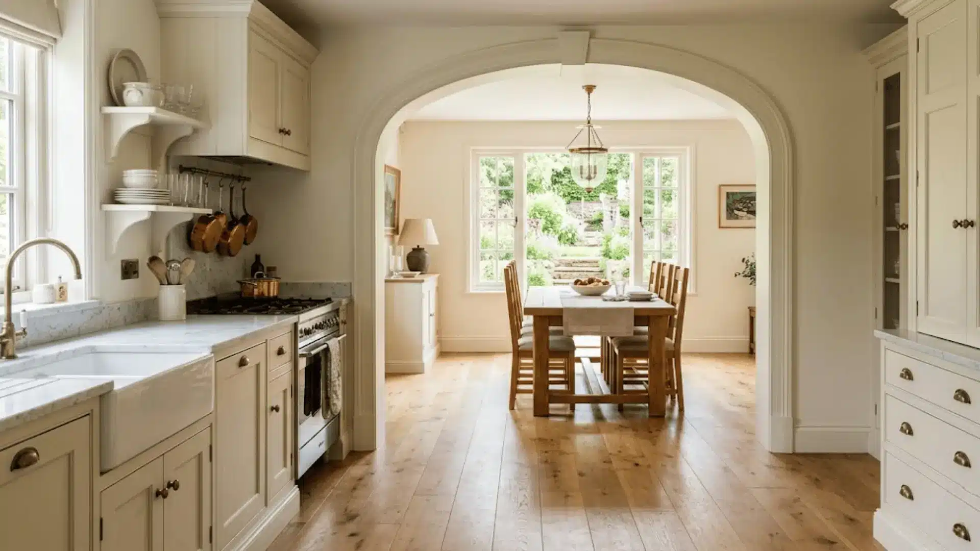 wide arched passthrough doorway connecting a traditional kitchen and dining room in natural light