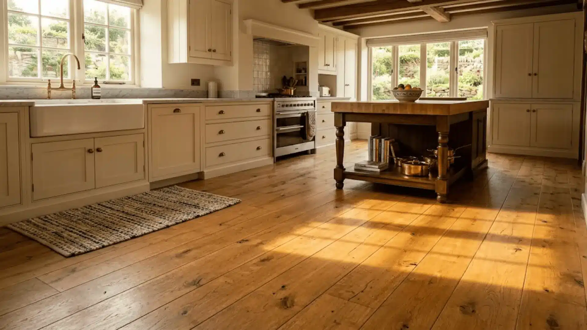 wide plank oak hardwood kitchen floor in warm afternoon sunlight with cream cabinetry above
