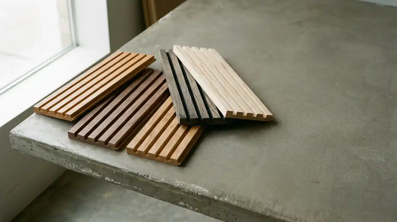 Wooden slatted coasters in various shades on a concrete tabletop near window light