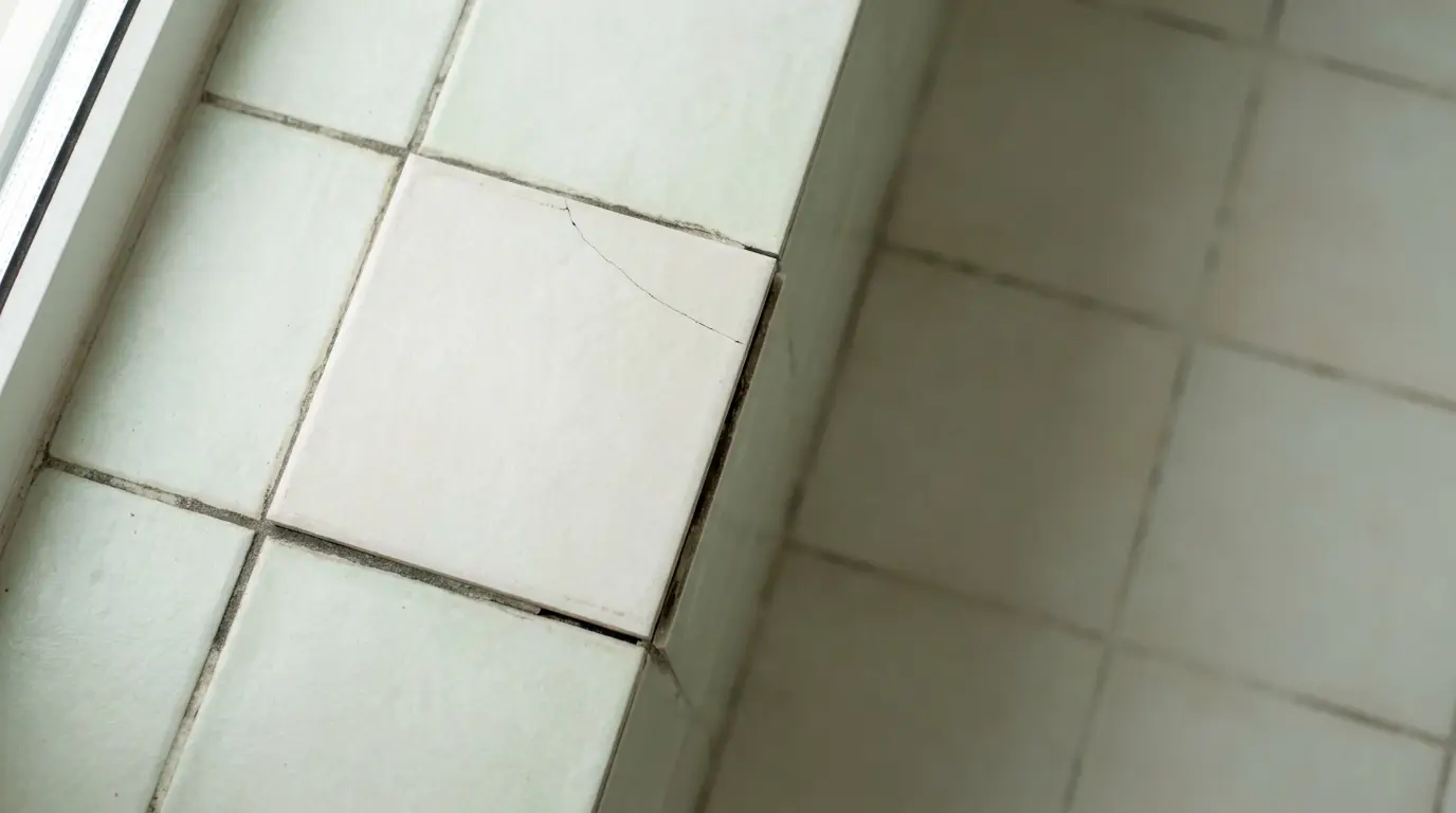 Cracked white floor tile near window in indoor setting