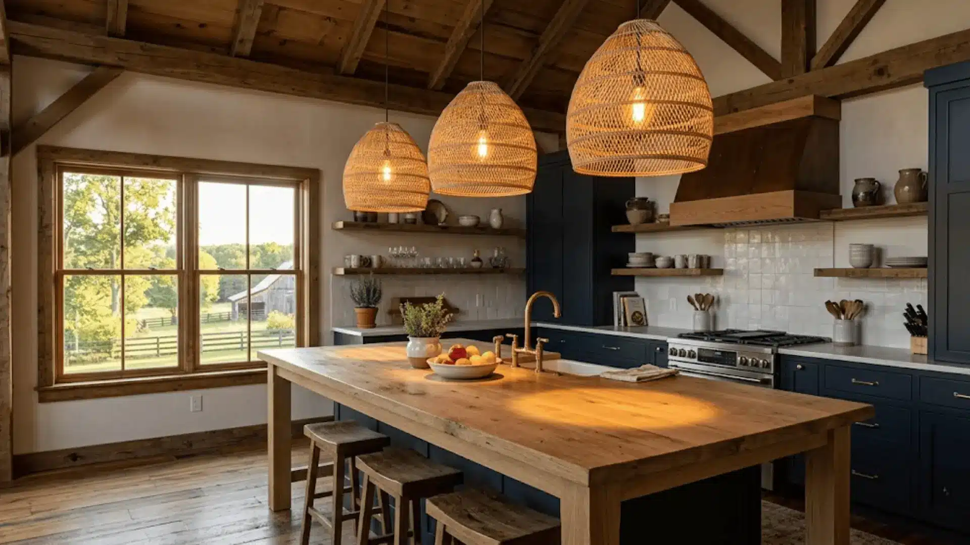 woven rattan pendant lights above a white oak island in a barndominium kitchen with navy cabinets