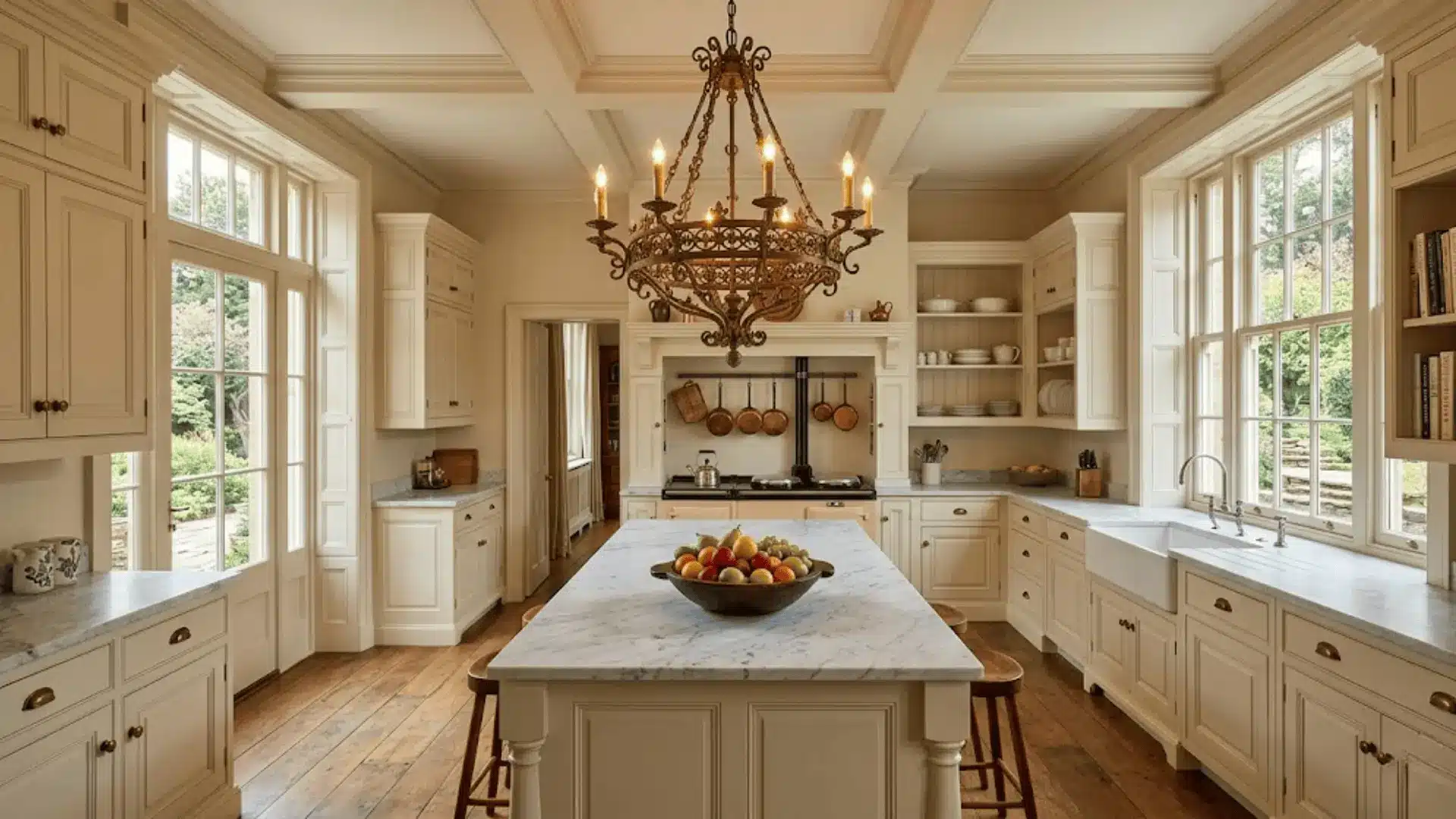 wrought iron and brass chandelier above a traditional kitchen island with cream cabinetry