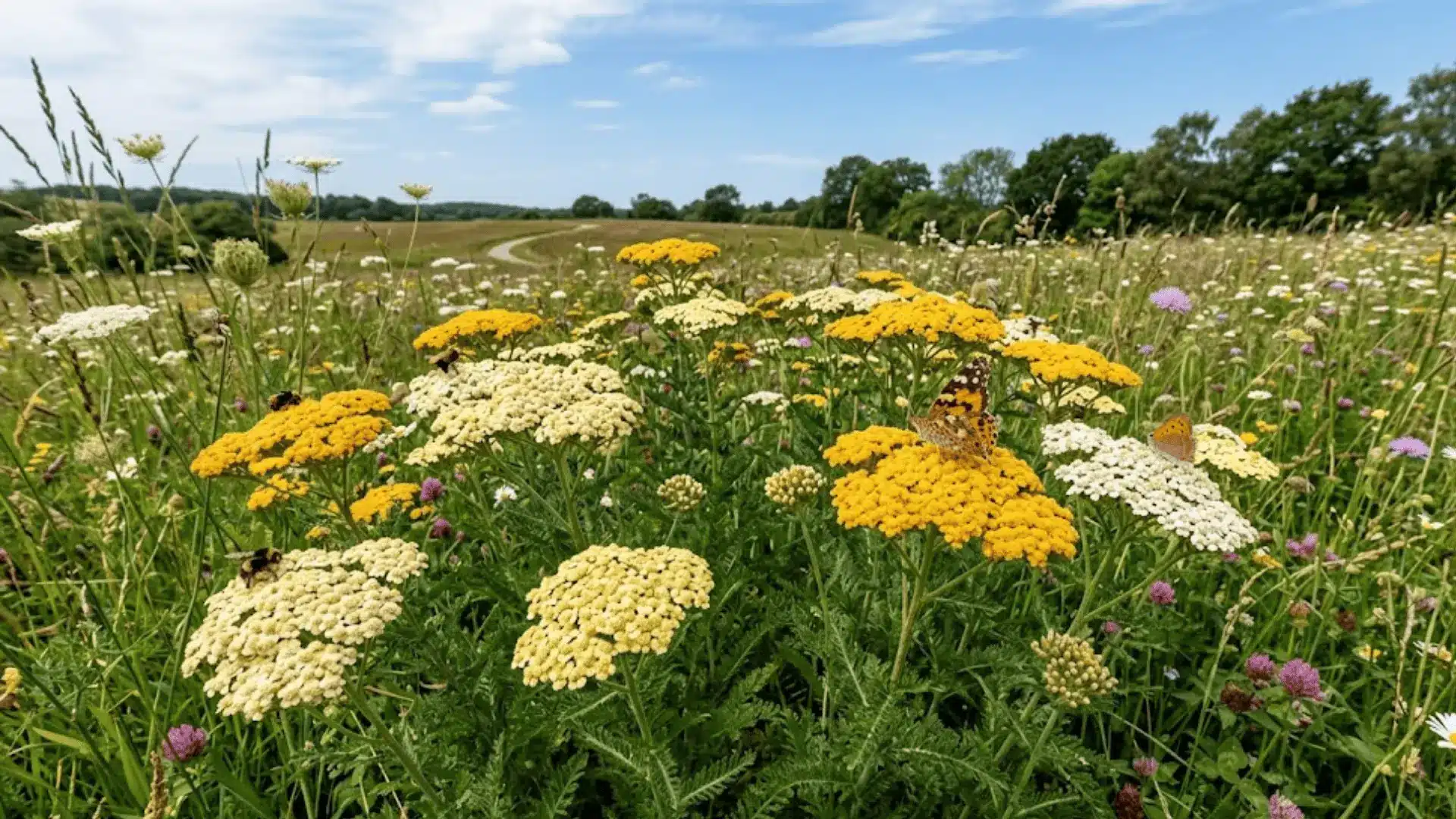 yellow and white yarrow with flat topped flower clusters and feathery foliage in a naturalistic meadow