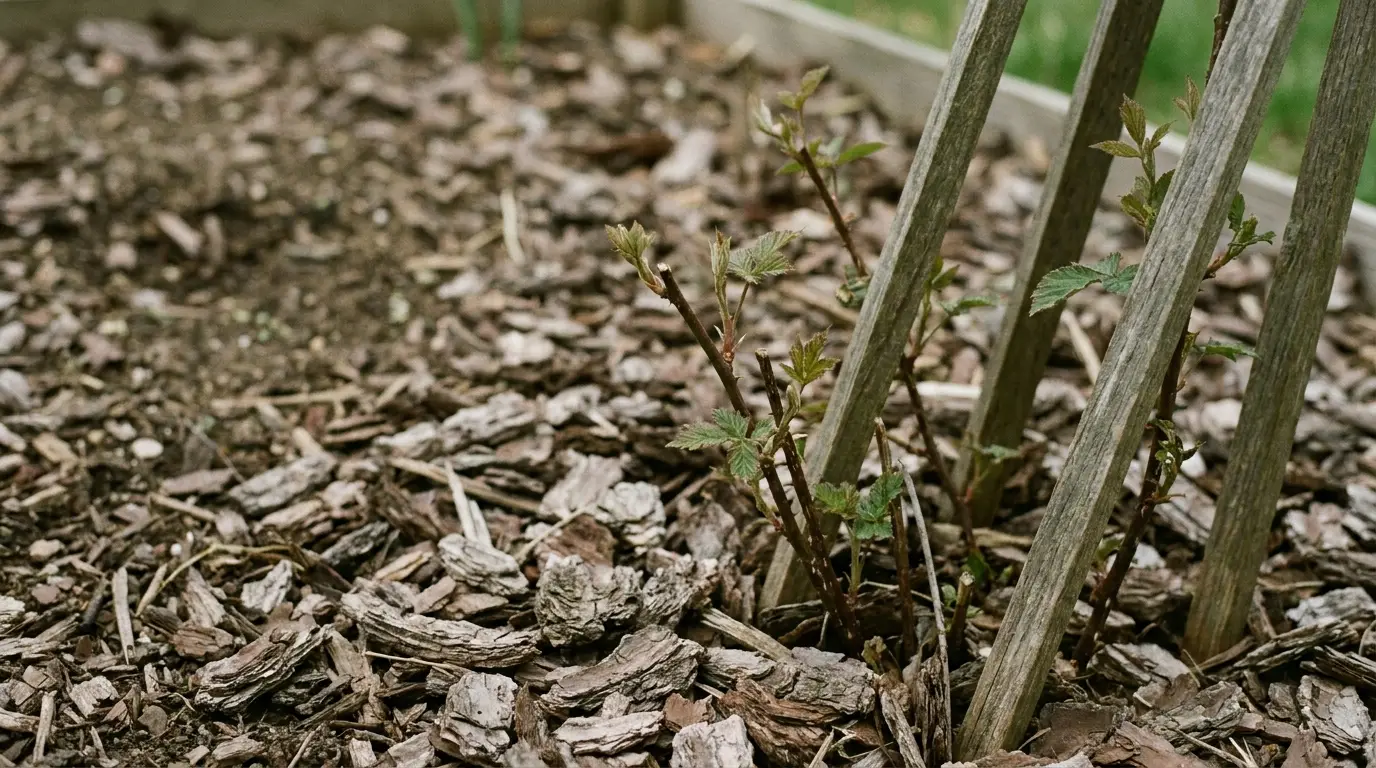 Young raspberry bush growing in mulched garden bed with wooden stakes