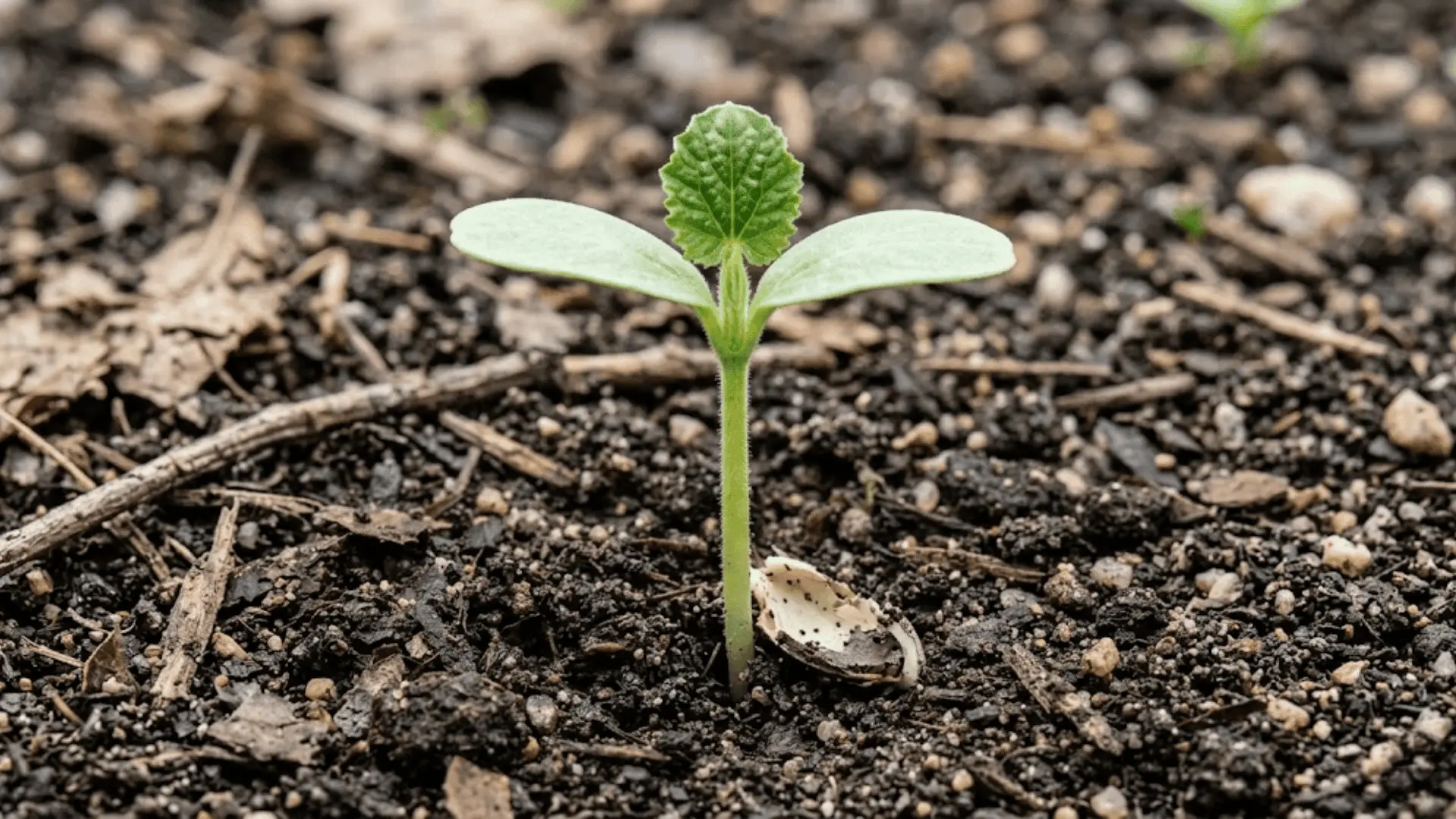 young pumpkin seedling with cotyledons and first true leaves emerging from garden soil