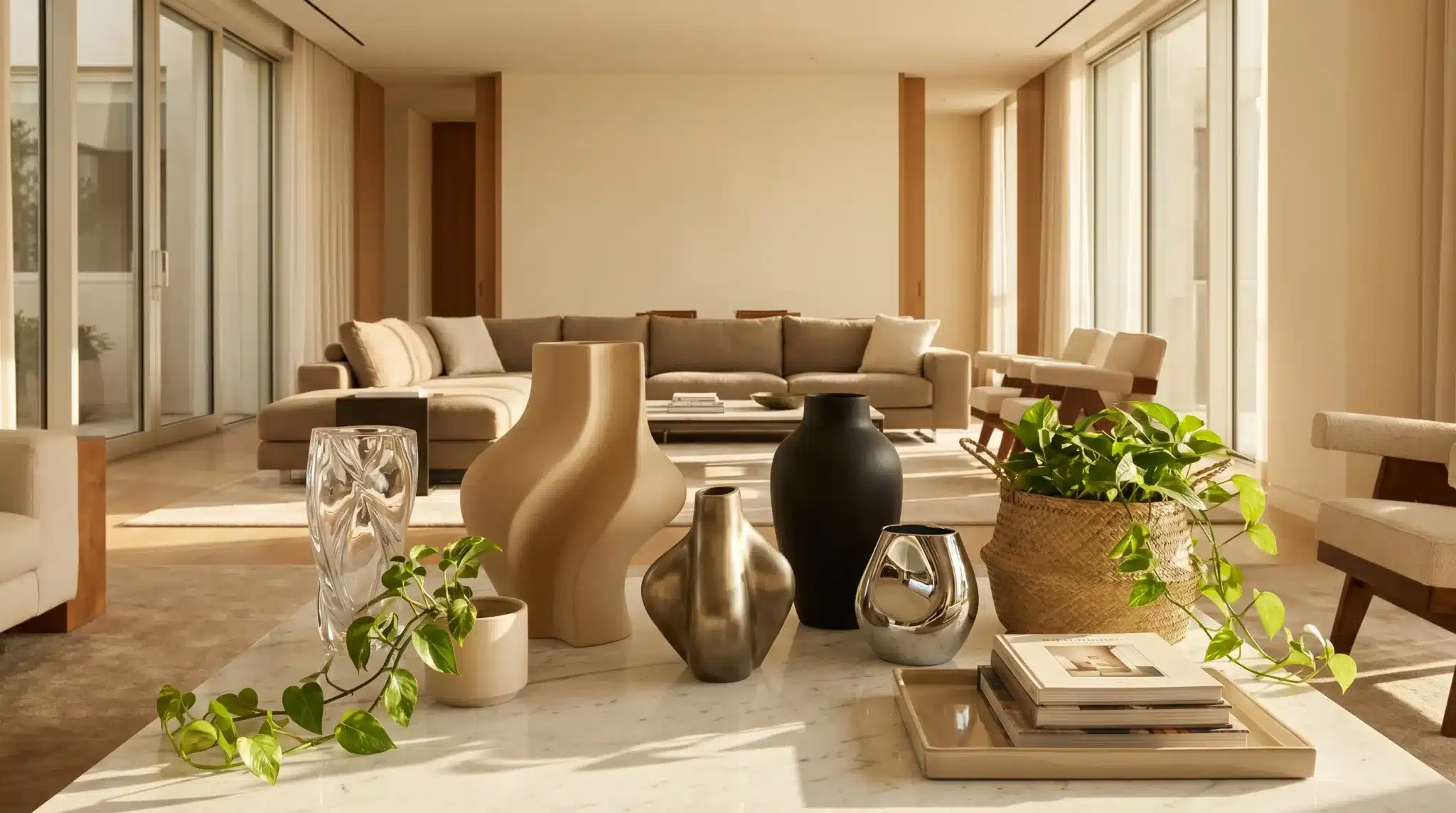 Modern living room with beige sofas, decorative vases, and potted plants on marble table