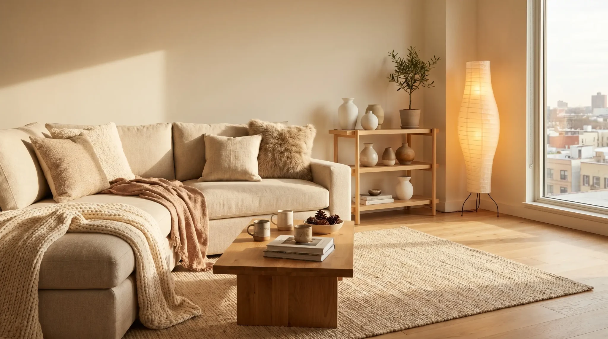 Beige sectional sofa with textured cushions and throws in a sunlit modern living room
