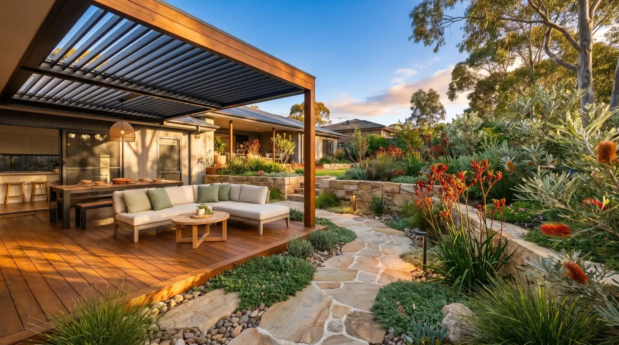 Outdoor patio with cushioned seating and wooden deck overlooking landscaped garden in warm sunlight