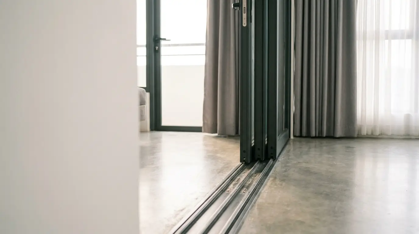 Sliding glass doors on metal tracks next to floor-to-ceiling curtains in a minimalist room