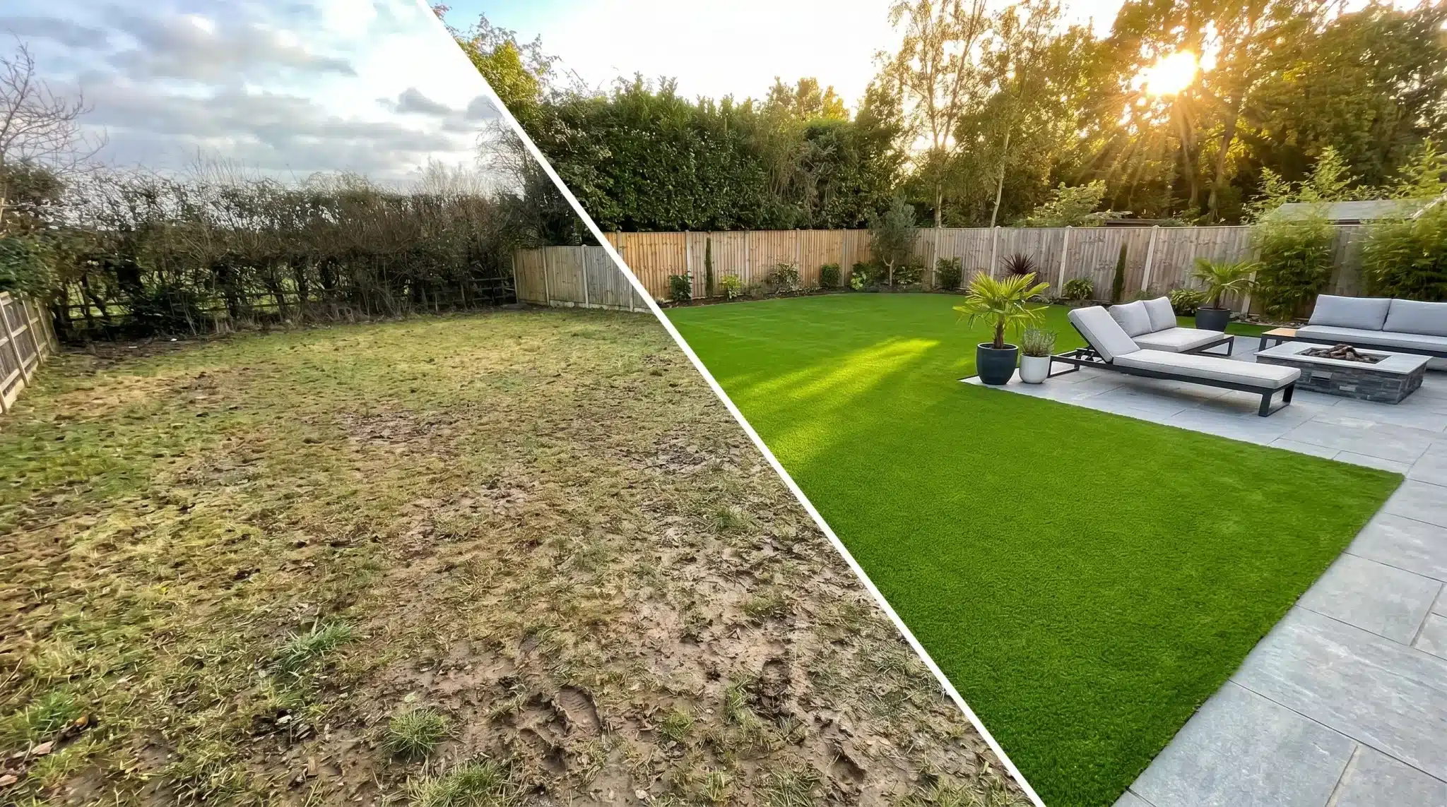 Split image showing a muddy backyard transformed into a landscaped garden with patio furniture