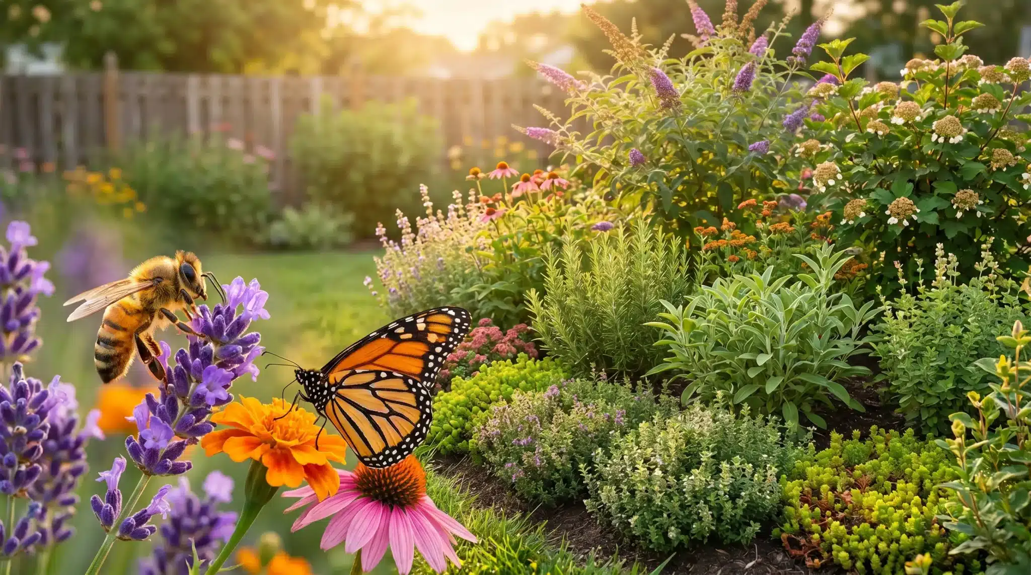 Bee and monarch butterfly on vibrant flowers in a sunny garden with colorful plants