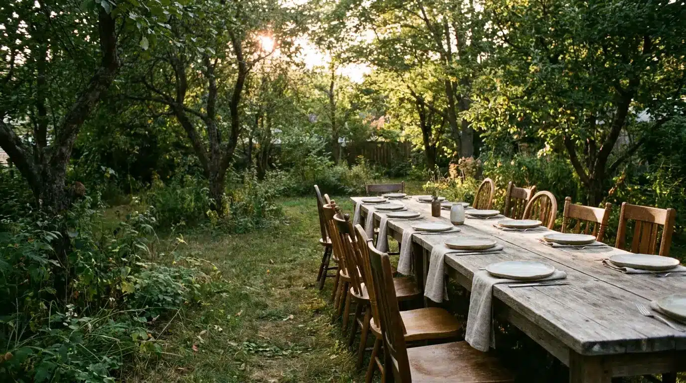 Long wooden dining table set for a meal in a lush green garden