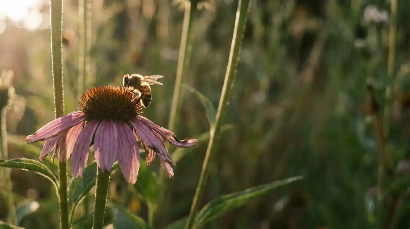 Bee collecting nectar from a pink flower in sunlit garden setting