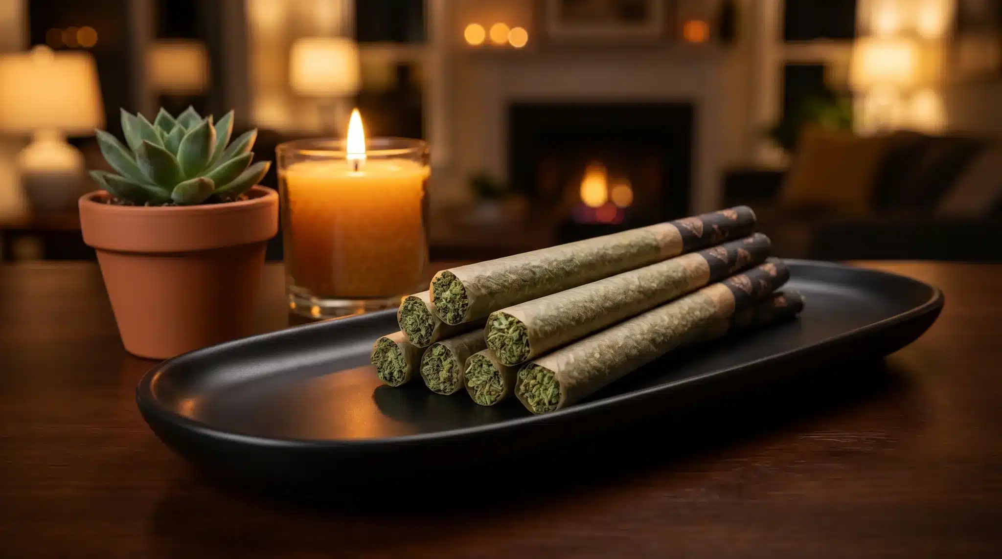 Cannabis joints on black tray beside candle and succulent in cozy living room setting