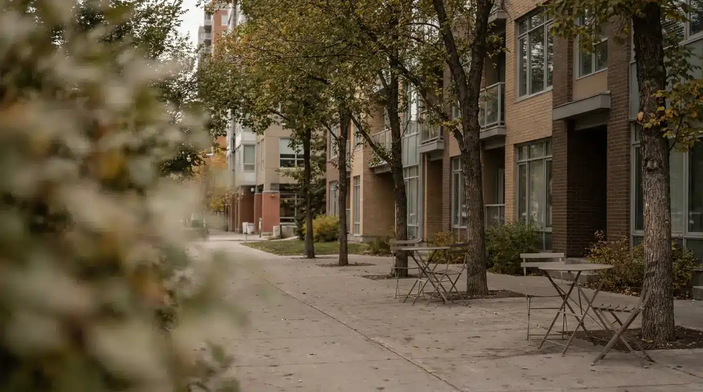 Sidewalk with empty metal tables and chairs under trees beside modern brick buildings