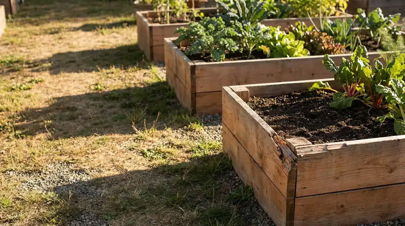 Wooden raised garden beds with leafy greens in sunny outdoor setting