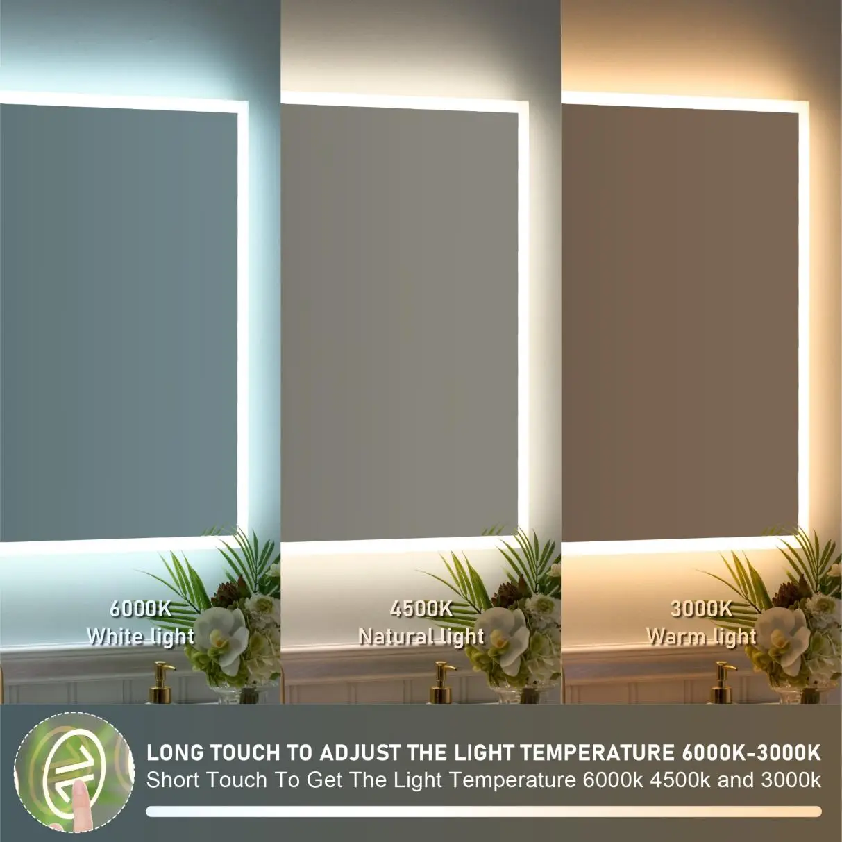Three mirrors with adjustable lighting in different color temperatures above white sink with flowers