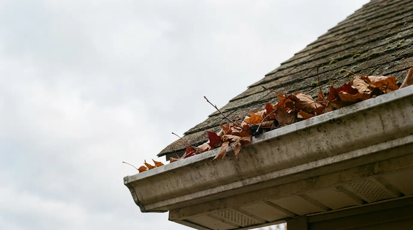 Dry leaves accumulated in a clogged rain gutter on a sloped roof under cloudy sky