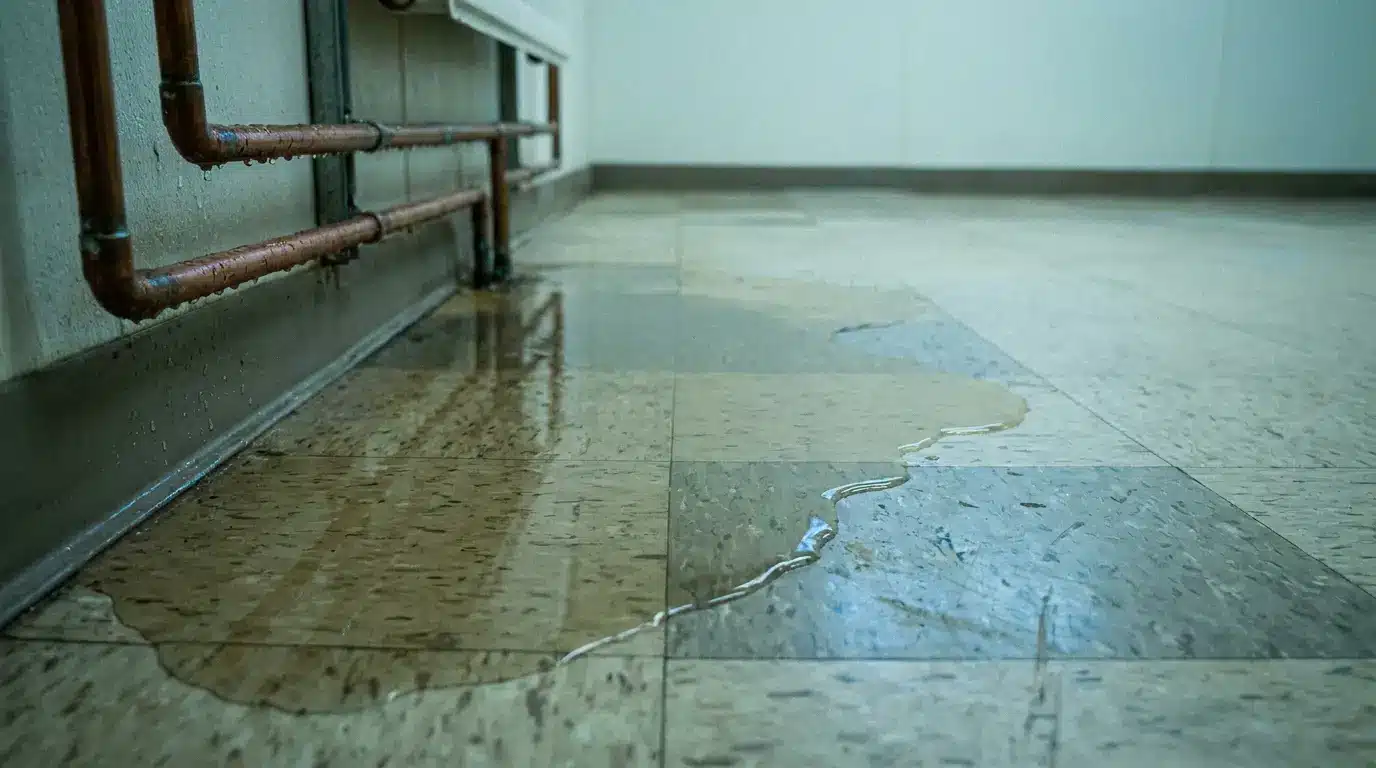 Puddle of water on tiled floor next to copper pipes in a dimly lit hallway