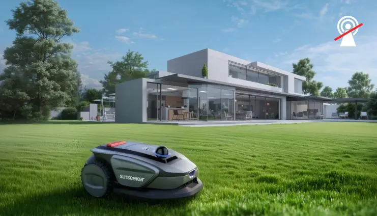 Robotic lawn mower on green grass lawn in front of modern glass house