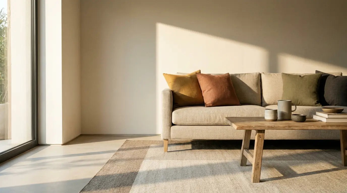 Beige sofa with colorful cushions in sunlit modern living room with wooden coffee table