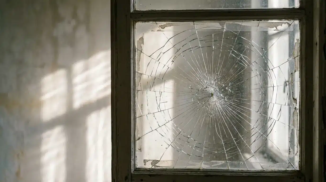 Cracked windowpane with radiating lines in dimly lit room