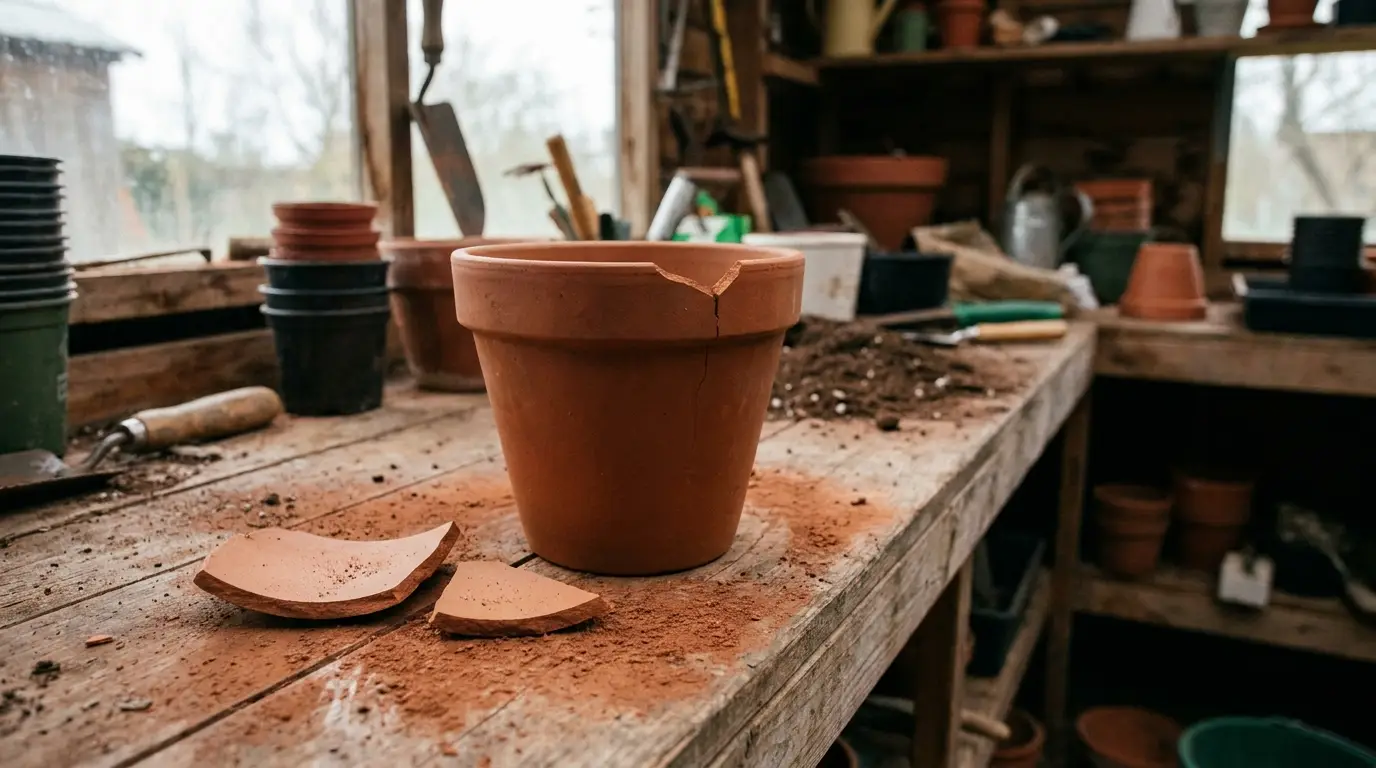 Broken terracotta pot and soil on wooden workbench in garden shed