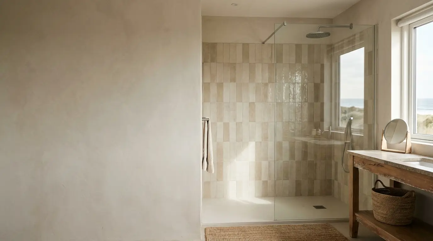 Elegant bathroom with walk-in glass shower, beige tile, wooden vanity, and natural light from window