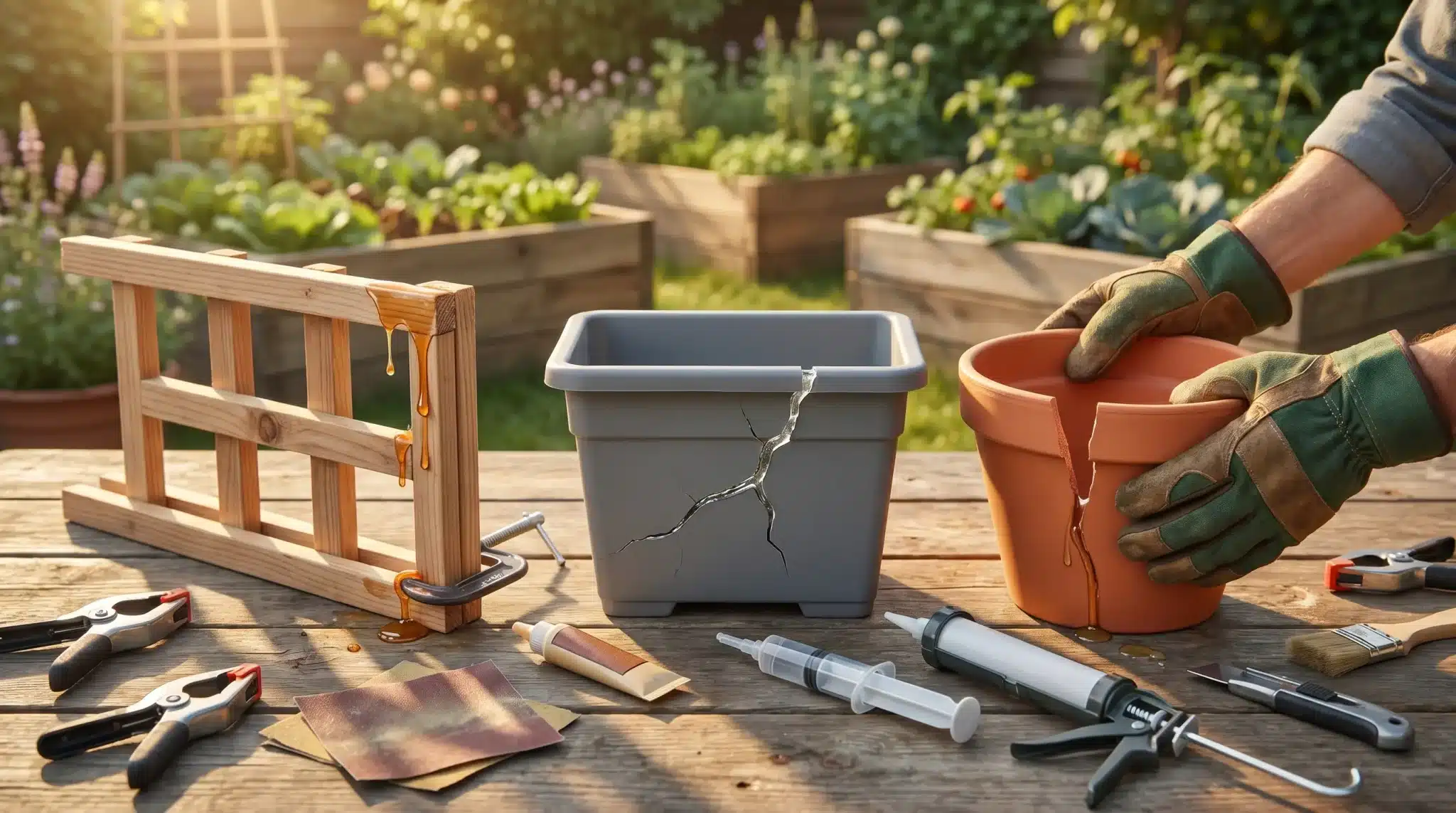 Repairing a cracked terracotta pot on wooden table in sunny garden with tools and glue