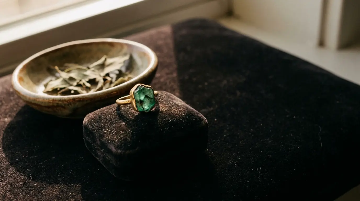 Emerald ring on black velvet surface next to ceramic bowl with leaves