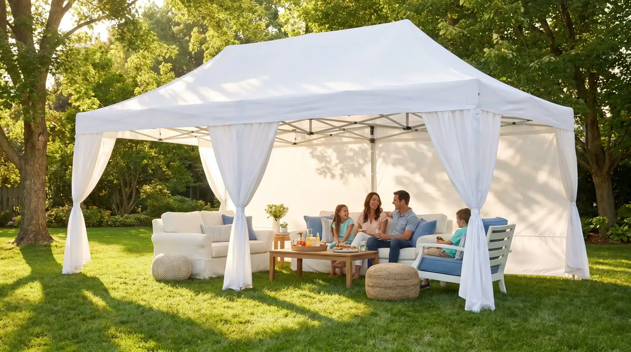 Family sitting under white gazebo in sunny backyard with comfortable seating and greenery