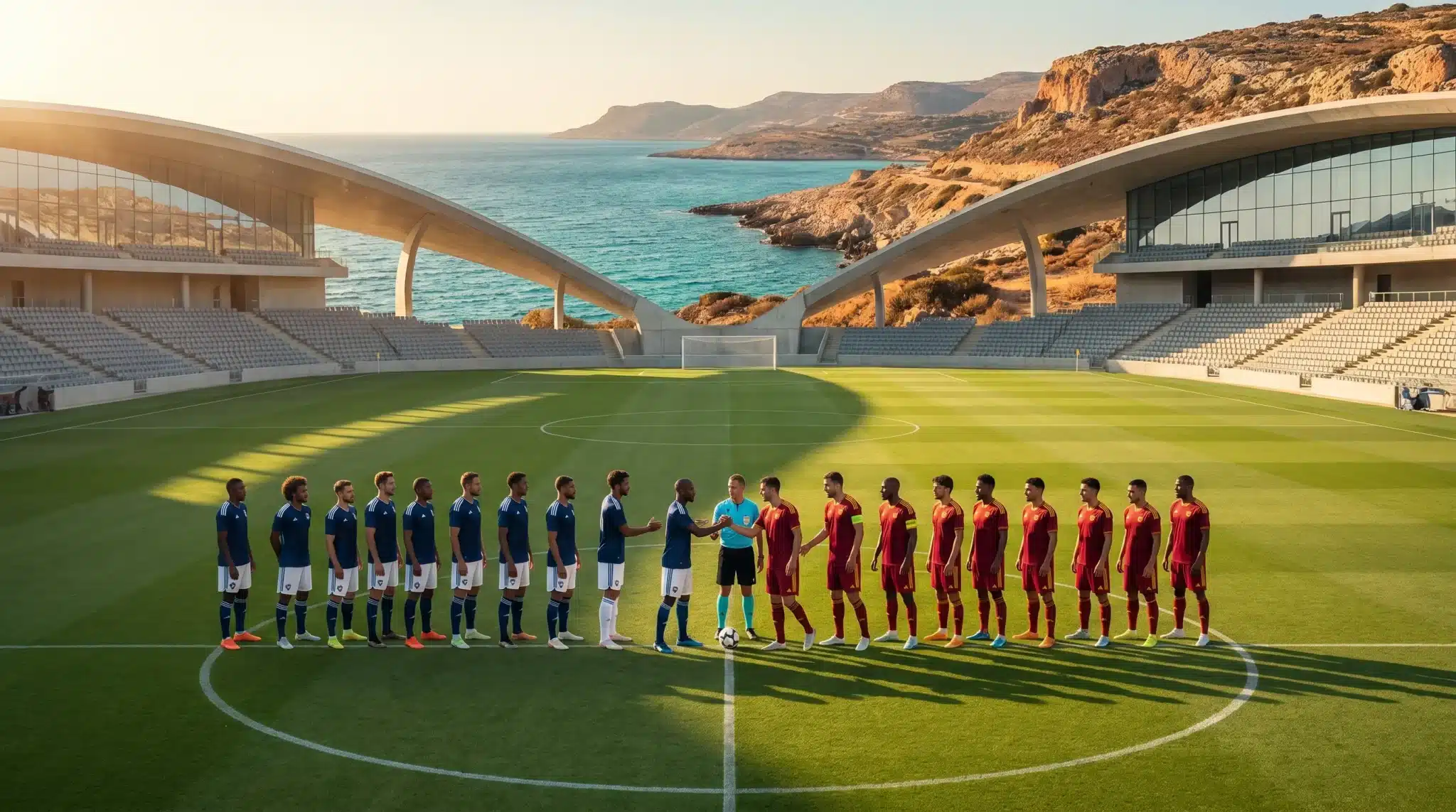 Two soccer teams exchanging handshakes on an outdoor field with ocean backdrop
