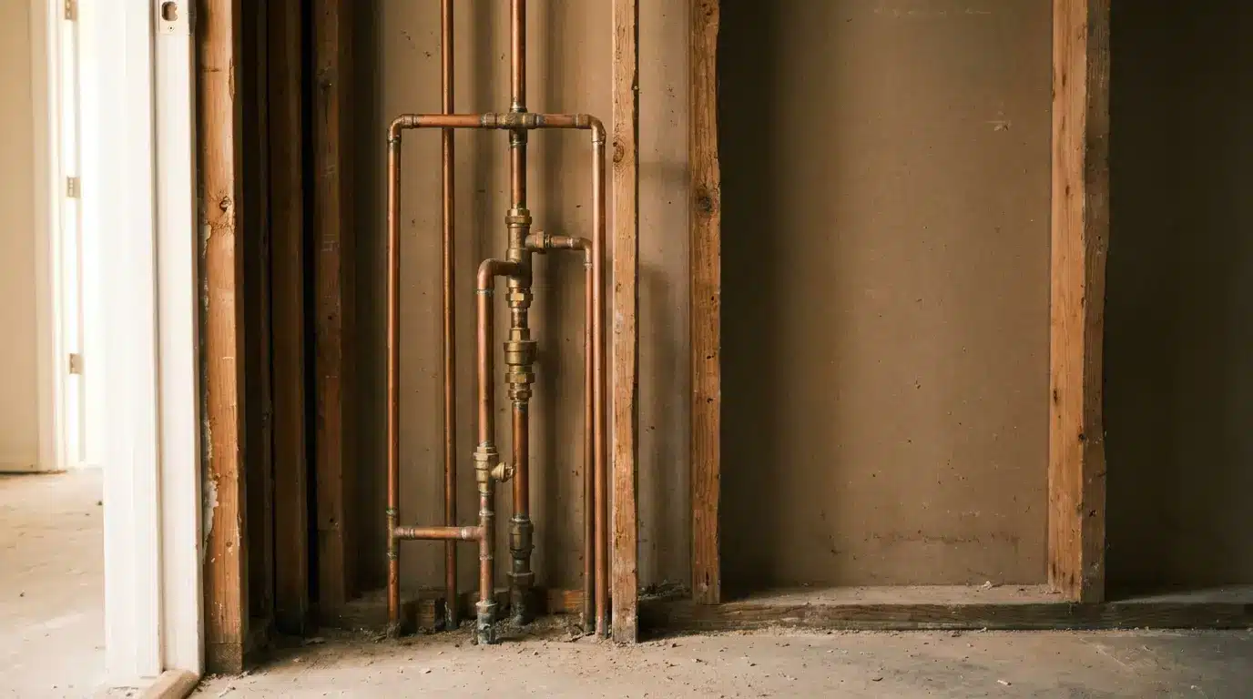 Exposed copper pipes in unfinished drywall setting with wooden studs and natural lighting