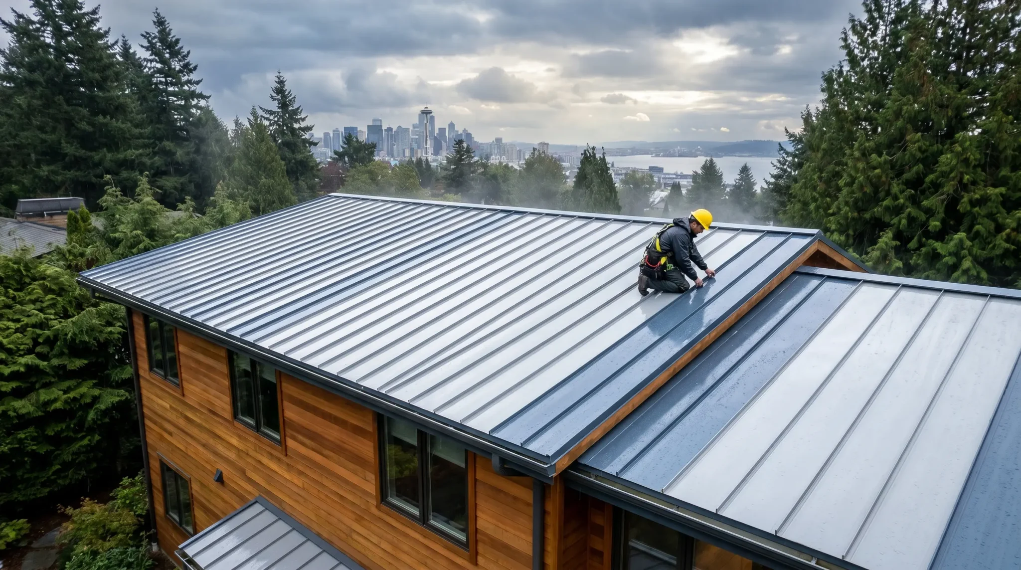 Worker in safety gear inspecting metal roof of modern house surrounded by trees