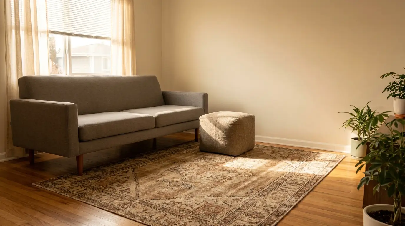 Gray sofa and ottoman on patterned rug in sunlit living room with potted plants