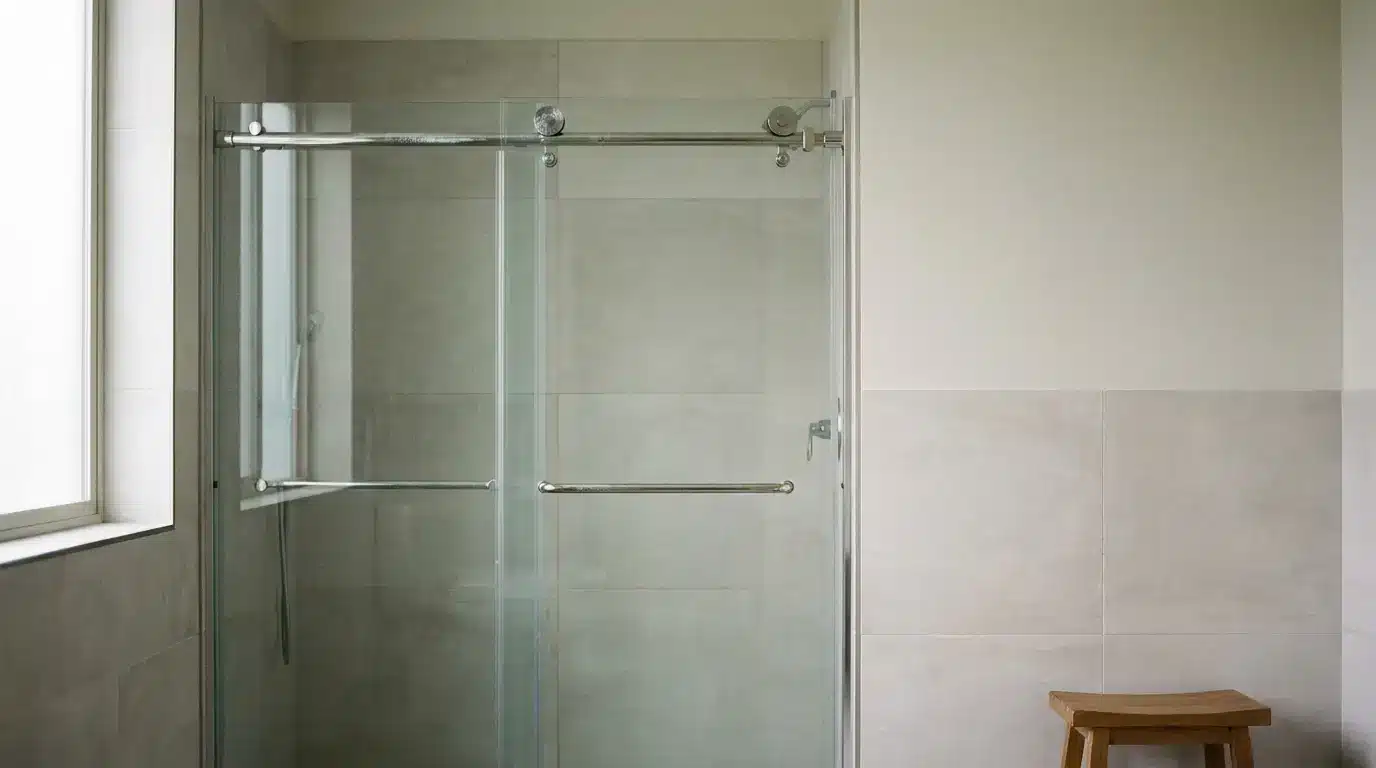 Glass shower enclosure in modern bathroom with neutral tiles and wooden stool