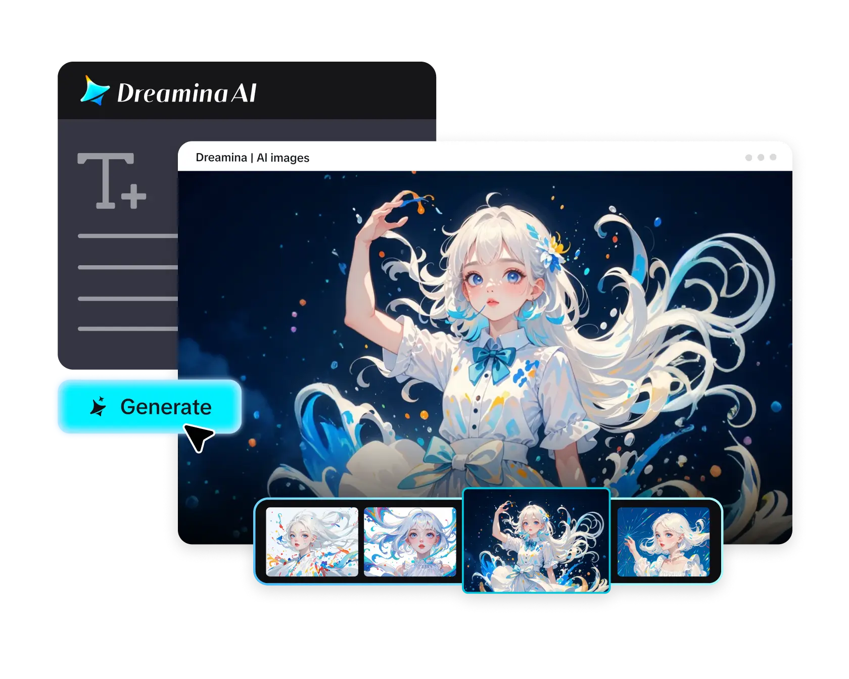 AI-generated anime-style illustration of a girl with long white hair in a colorful, starry background