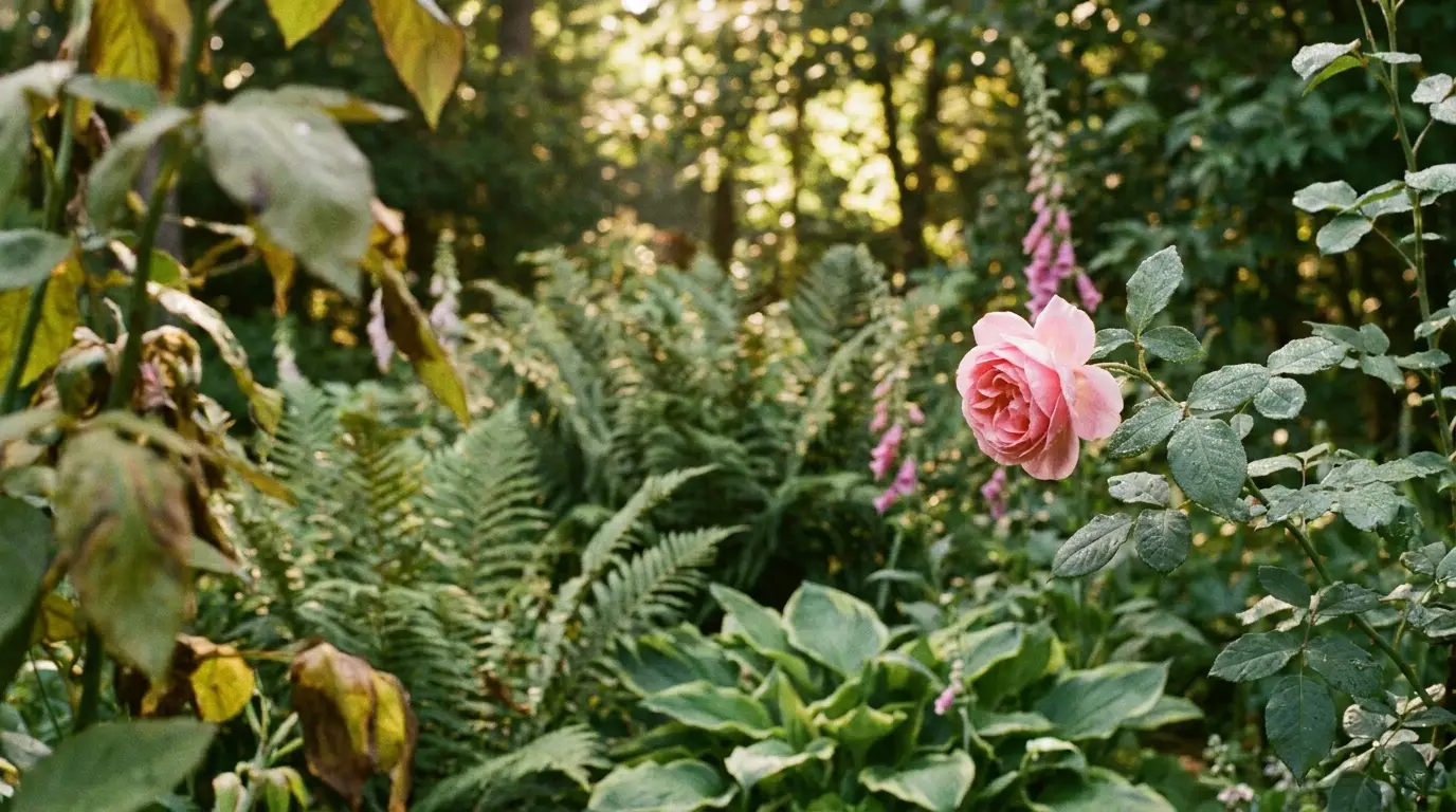 Pink rose blooming in lush green garden with ferns and sunlight filtering through trees