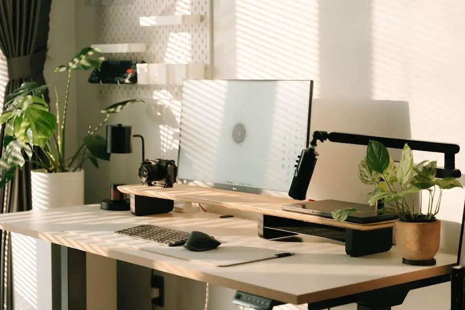 Modern home office desk with computer, keyboard, potted plants, and camera in natural sunlight