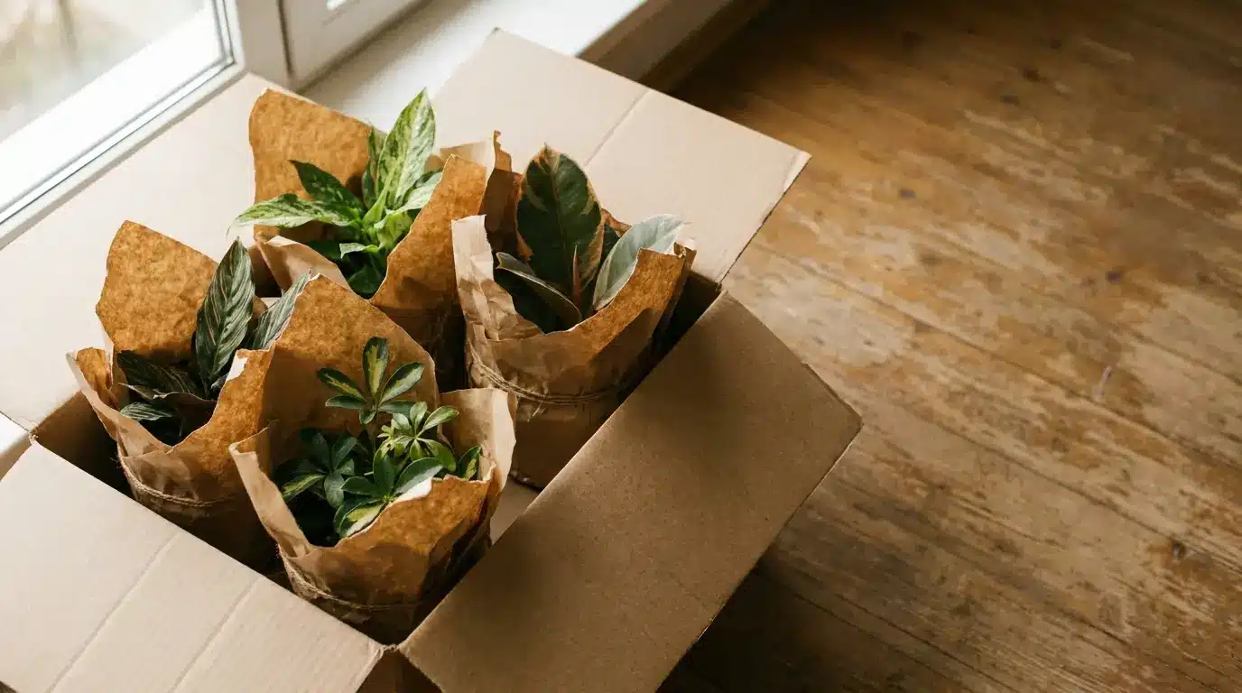 Potted plants wrapped in brown paper inside an open cardboard box on wooden floor