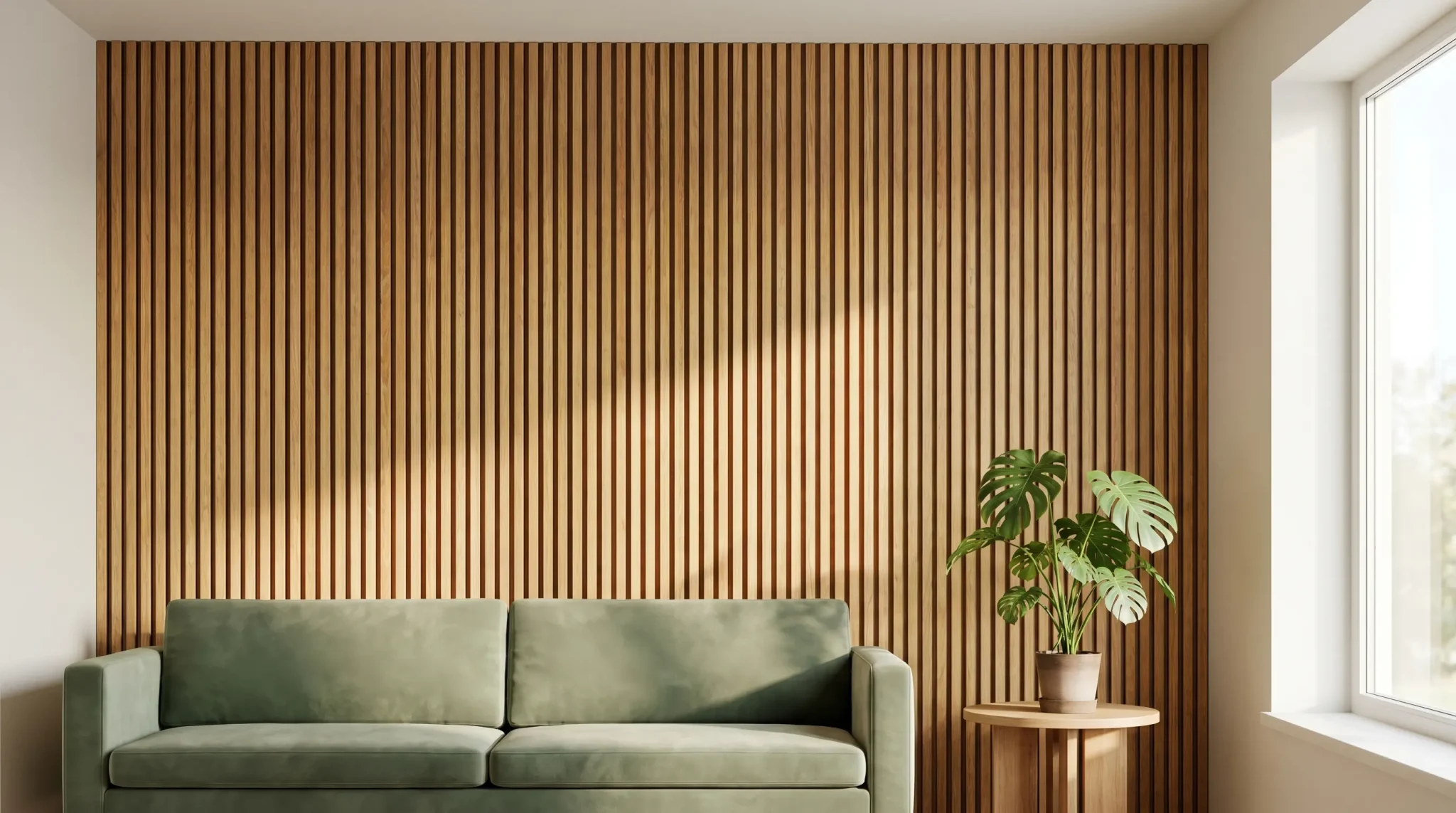 Green sofa against vertical wooden slat wall with potted plant on round table nearby