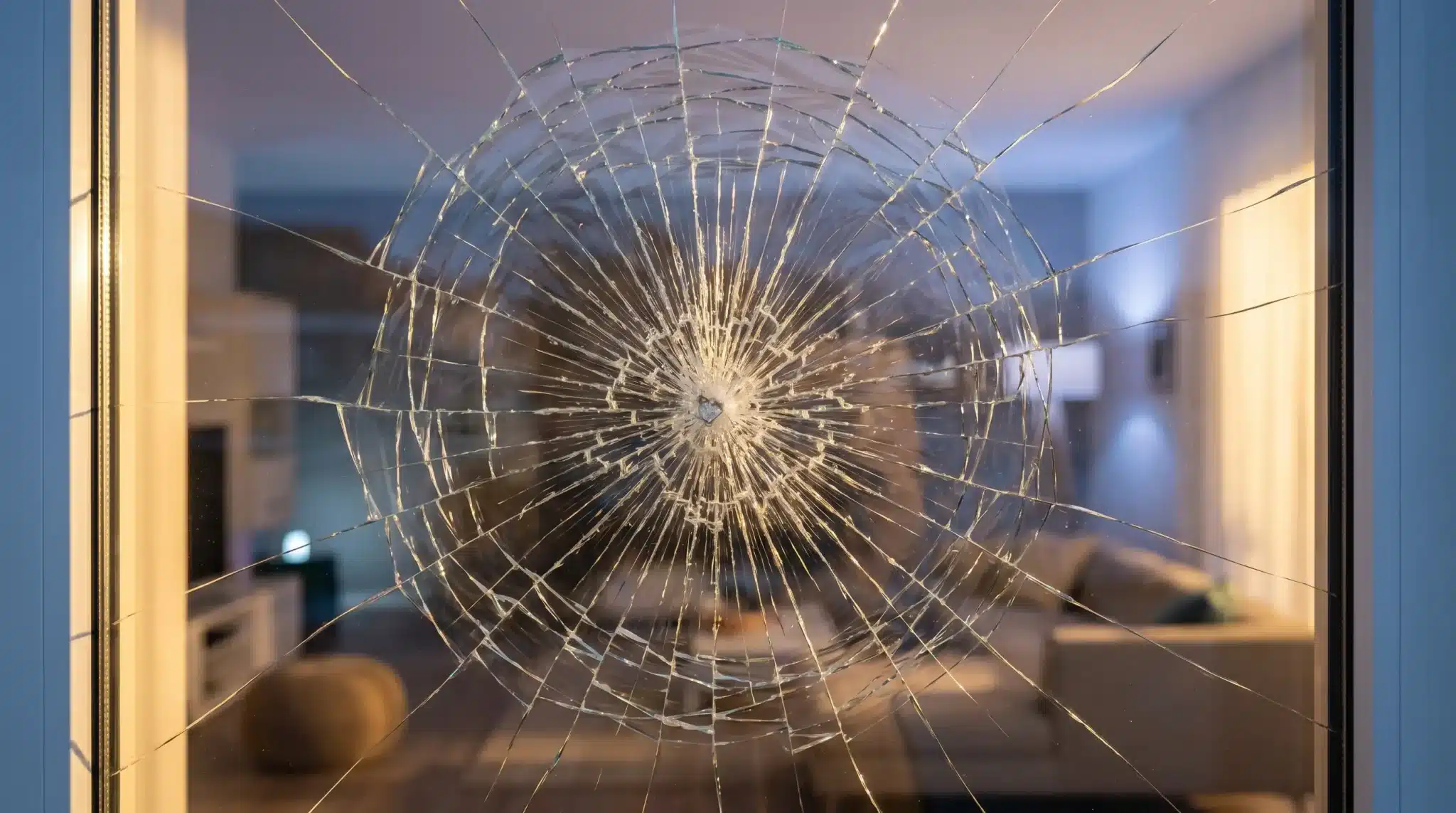 Cracked glass window with shattered pattern in dimly lit modern living room