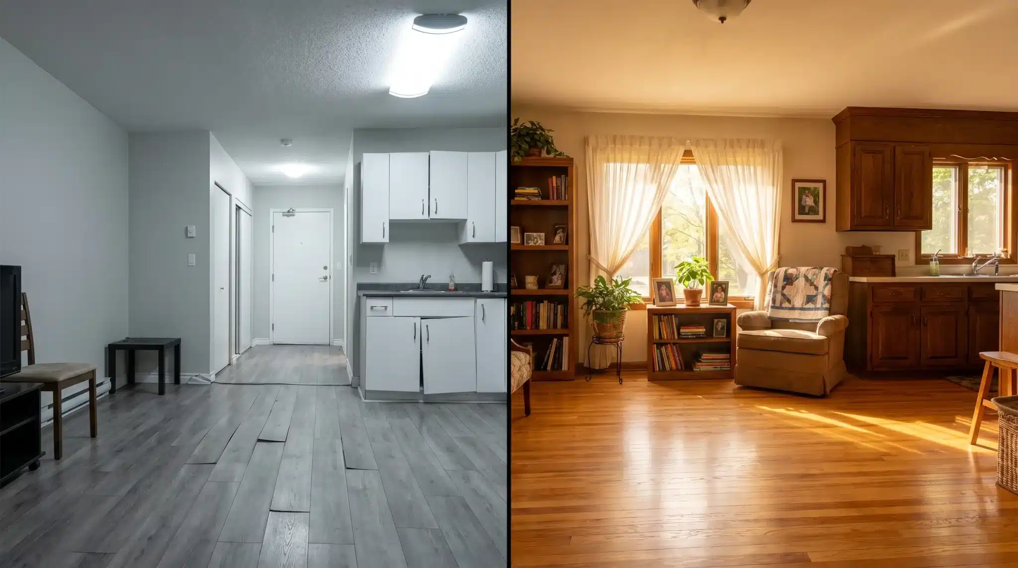 Split interior view of modern white kitchen with gray flooring and cozy living room with warm wooden tones
