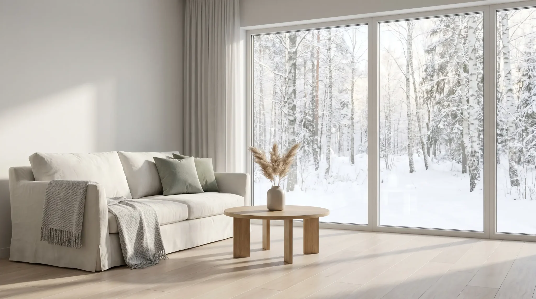 Modern living room with beige sofa and wooden table overlooking snowy winter forest through large windows