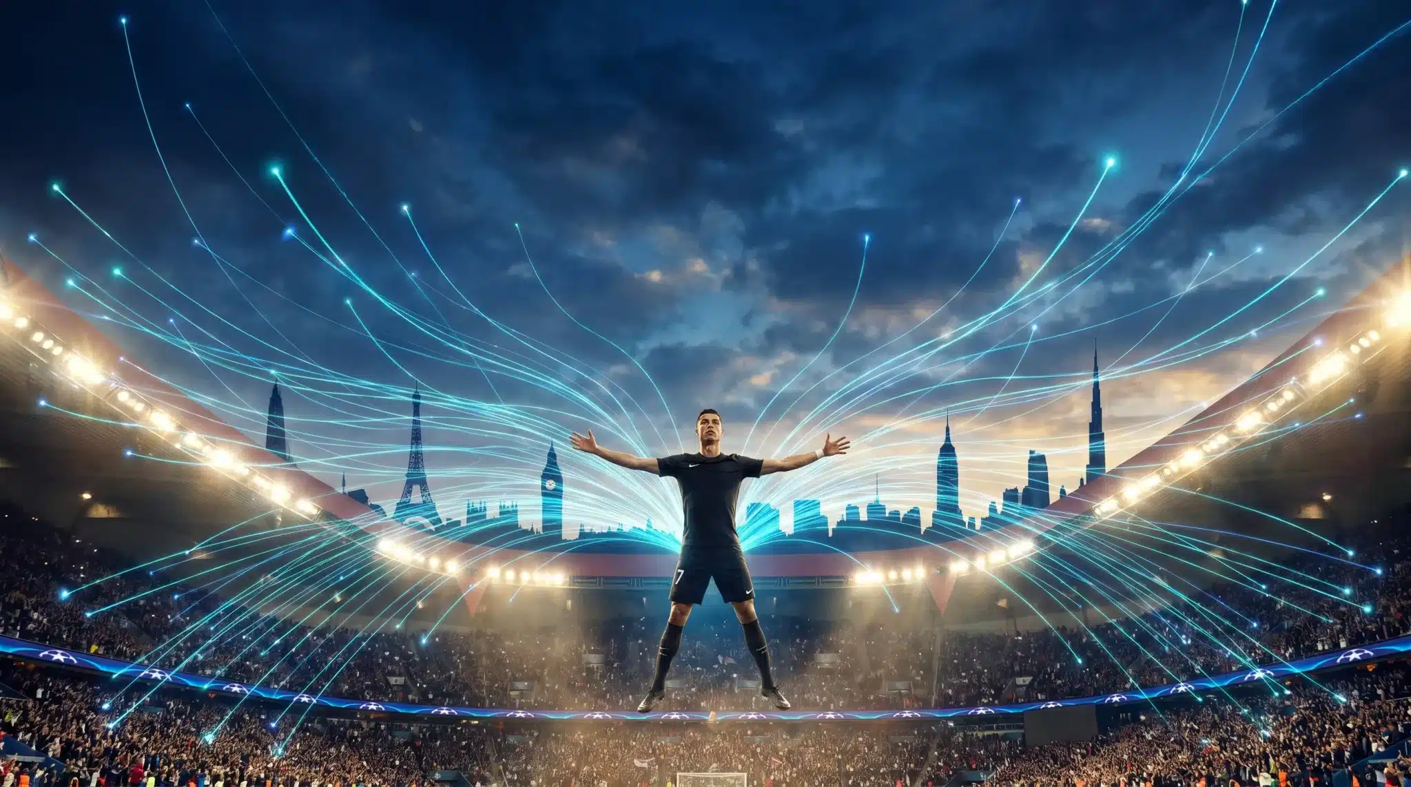 Soccer player in stadium with dynamic light trails and global cityscape background